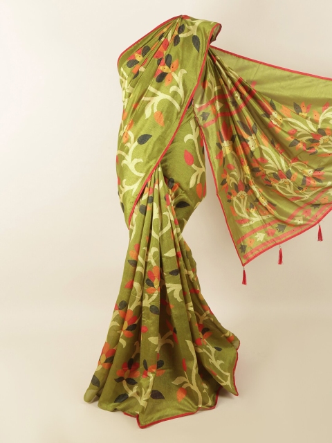 

Pothys Green Cotton Blend Floral Printed & Embellished Saree