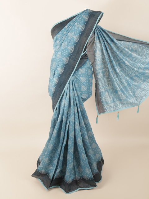 

Pothys Blue & White Ethnic Motifs Printed Beads & Stones Saree