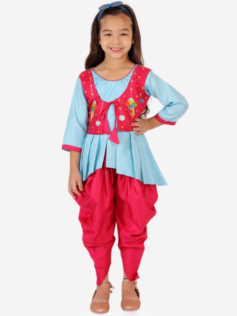 

KID1 Girls Pink & Blue Floral Embroidered Layered Kurti with Dhoti Pants