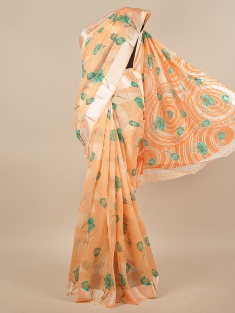 

Pothys Peach-Coloured & Green Cotton Blend Floral Printed Saree