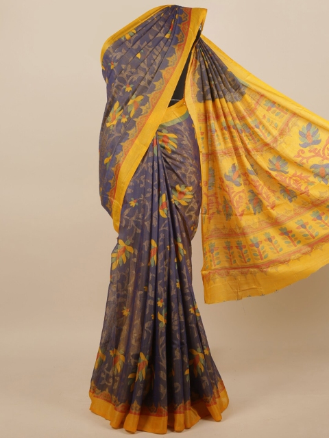 

Pothys Blue & Yellow Floral Brasso Printed Saree