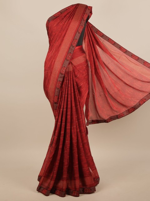 

Pothys Red & Silver-Toned Beads and Stones Saree