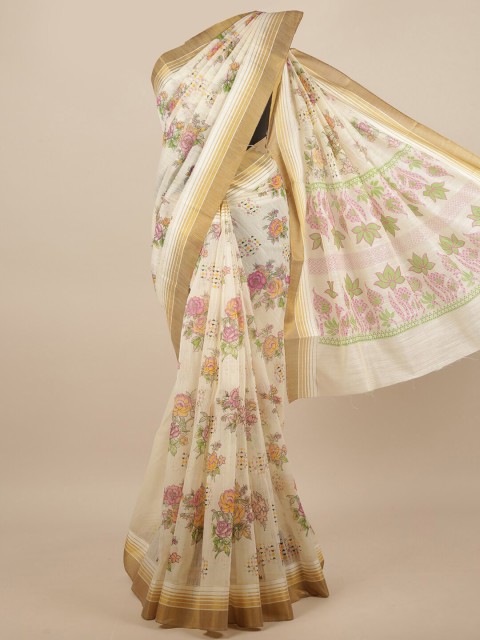 

Pothys Cream-Coloured & Pink Floral Saree