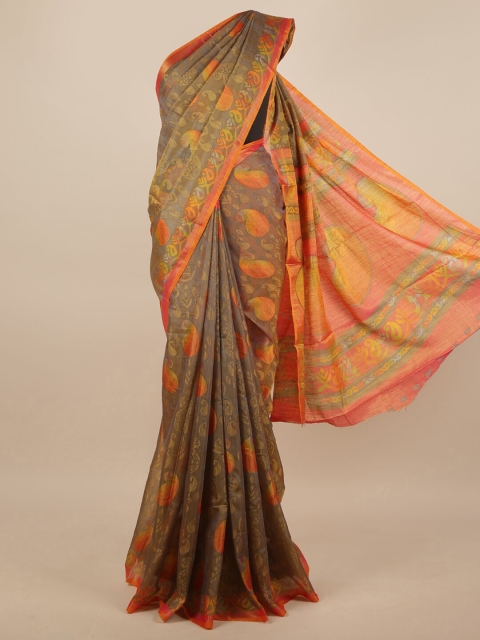 

Pothys Grey & Orange Paisley Zari Saree