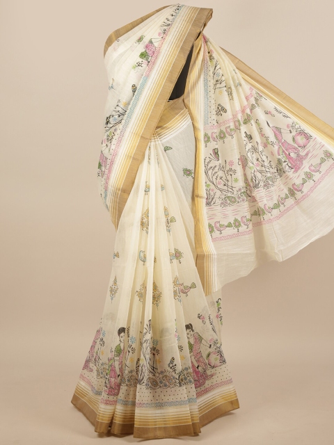 

Pothys Cream-Coloured & Green Ethnic Motifs Saree