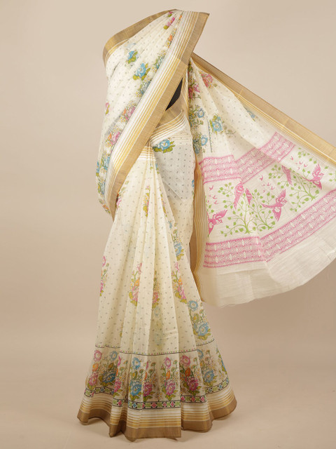 

Pothys Cream-Coloured & Blue Floral Saree