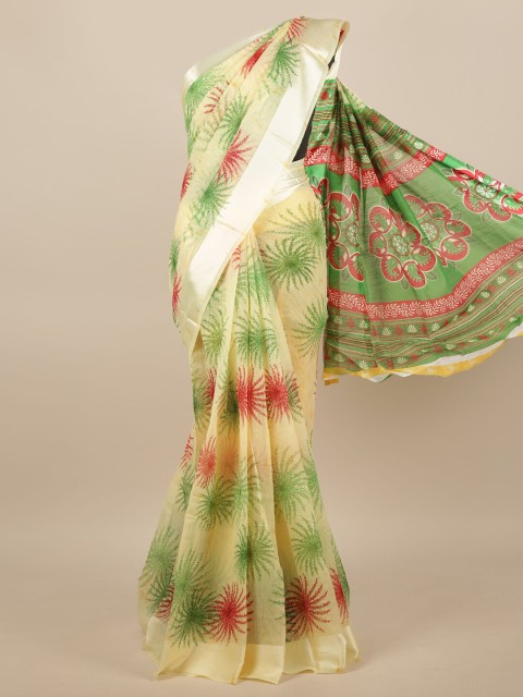 

Pothys Yellow & Silver-Toned Poly Chiffon Printed Floral Saree