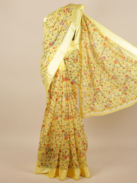 

Pothys Yellow & Orange Poly Chiffon Printed Floral Saree