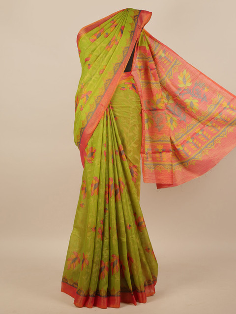 

Pothys Green & Red Poly Chiffon Printed Floral Saree