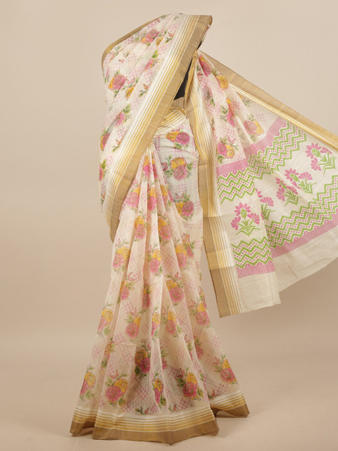 

Pothys Cream-Coloured & Grey Poly Chiffon Printed Floral Saree