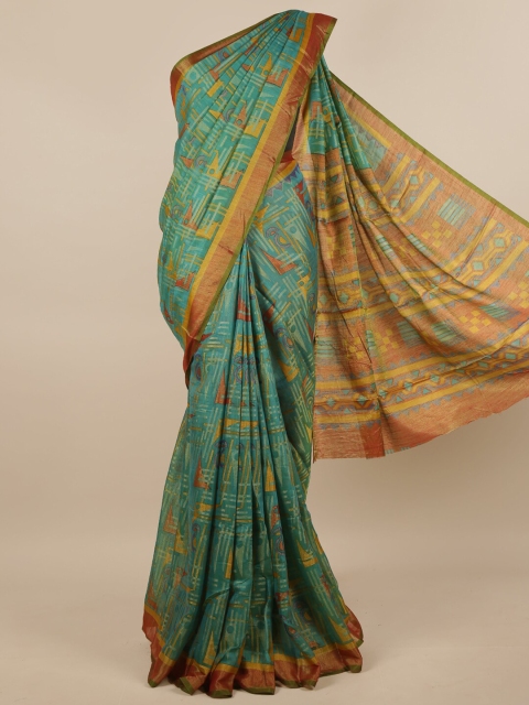 

Pothys Green & Mustard Poly Chiffon Printed Saree