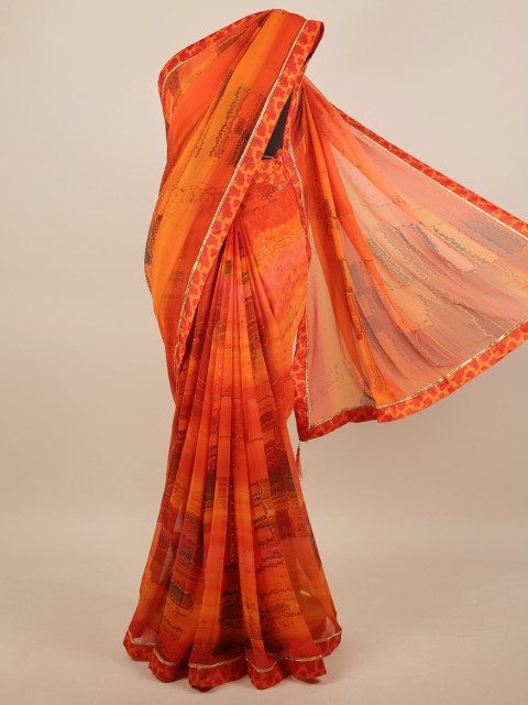 

Pothys Orange & Silver-Toned Gotta Patti Printed Saree
