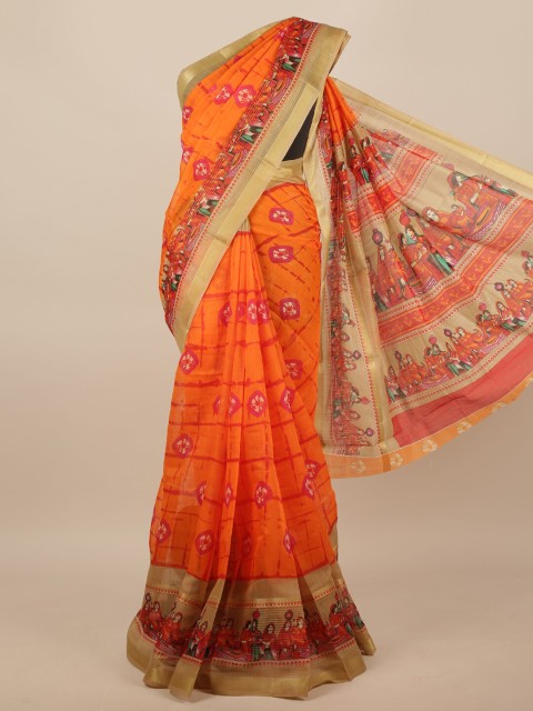 

Pothys Orange & Red Ethnic Motifs Zari Saree