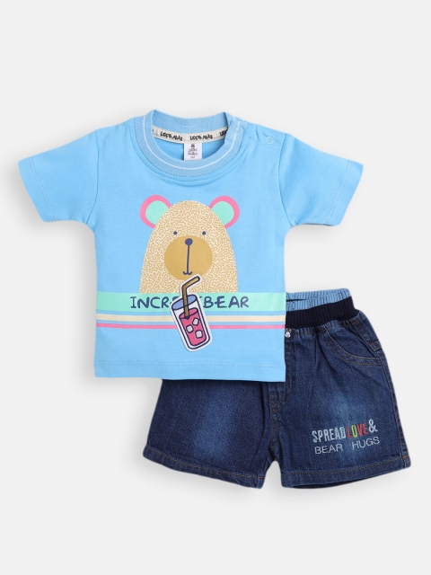 

Little Folks Boys Blue & Navy Blue Pure Cotton Embellished T-shirt with Shorts