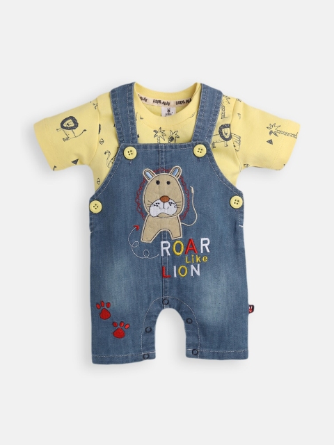 

Little Folks Infant Boys Navy Blue & Yellow Graphic Printed Dungaree