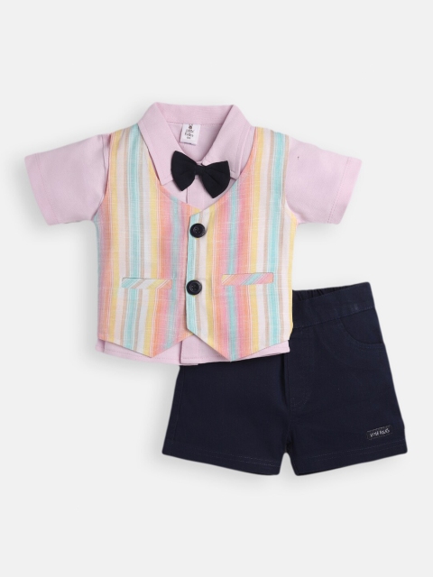 

Little Folks Boys Pink & Navy Blue Printed T-shirt with Shorts With Waist Coat