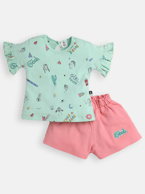 

Little Folks Girls Green & Pink Cotton T-shirt with Shorts