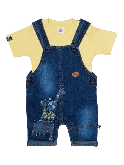 

Little Folks Infant Boys Navy Blue & Yellow Printed Denim Dungaree