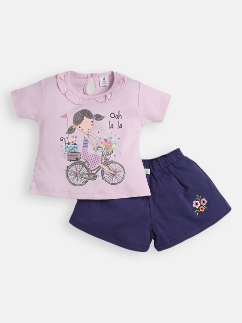 

Little Folks Girls Pink & Navy Blue Printed Pure Cotton T-shirt with Shorts