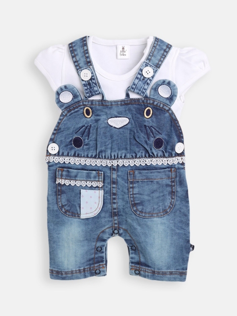 

Little Folks Girls Blue & White Solid T-Shirt With Dungarees