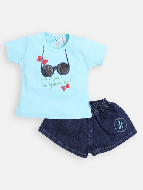 

Little Folks Girls Blue & Green Printed Pure Cotton T-shirt with Shorts