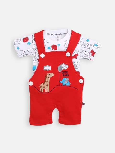 

Little Folks Infant Boys Red & White Printed Cotton Dungarees With T-Shirt