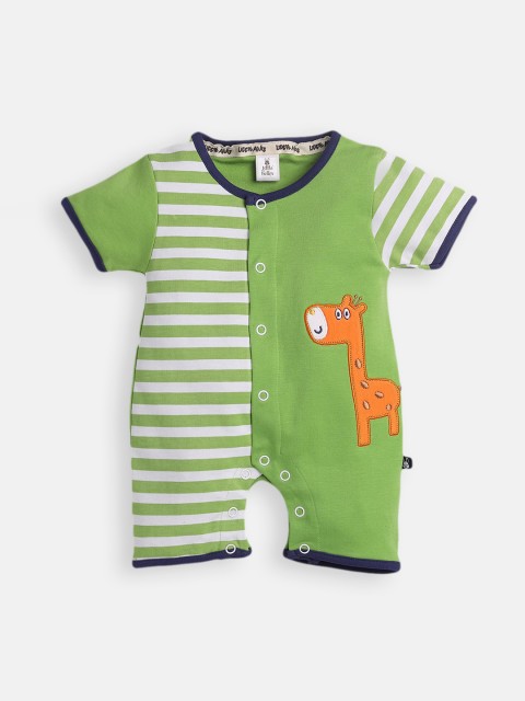 

Little Folks Boys Green & White Striped Pure Cotton Applique Rompers