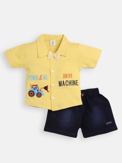 

Little Folks Boys Yellow & Navy Blue Embroidered Shirt with Shorts