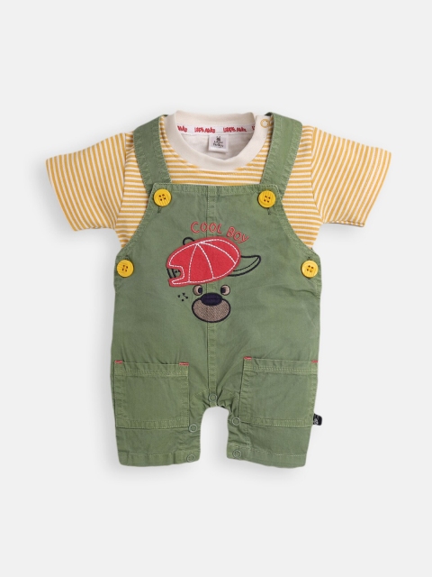 

Little Folks Infant Boys Green & White Printed Cotton Straight-Leg Dungaree Set