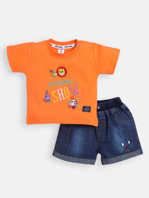 

Little Folks Boys Orange & Navy Blue Embellished Pure Cotton T-shirt with Shorts