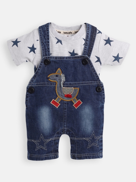

Little Folks Infant Boys White & Blue Graphic Printed Denim Dungarees