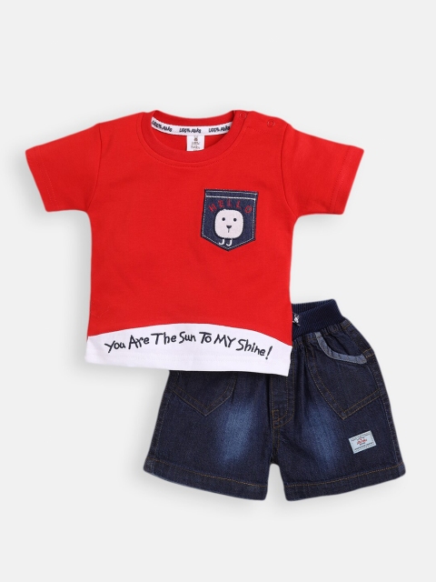 

Little Folks Boys Red & White Printed Pure Cotton T-Shirt With Shorts