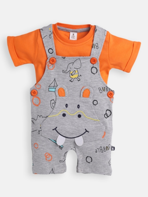 

Little Folks Infant Boys Grey & Orange Printed Cotton Dungaree Set
