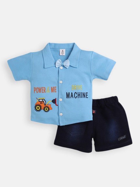 

Little Folks Boys Blue & Orange Pure Cotton Embellished T-shirt with Shorts