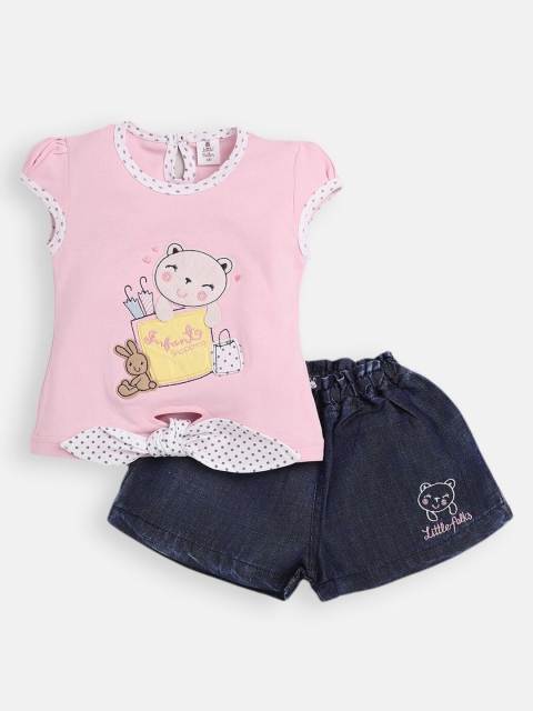 

Little Folks Girls Pink & Blue T-shirt with Shorts with Applique & Bow Detail