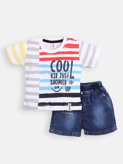 

Little Folks Boys Grey & Red Striped Pure Cotton T-Shirt With Shorts