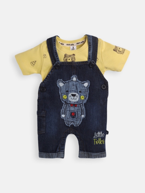 

Little Folks Infant Boys Navy Blue & Yellow Printed Cotton Dungarees With T-Shirt