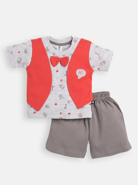 

Little Folks Boys Coral & White Printed Pure Cotton T-shirt with Shorts