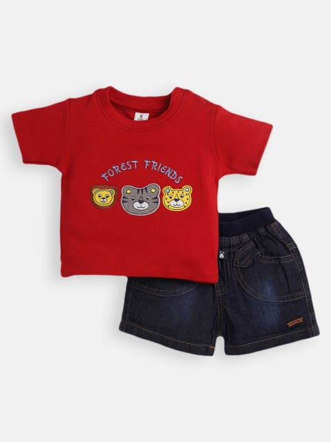

Little Folks Boys Red & Navy Blue Pure Cotton Embroidered T-shirt with Shorts