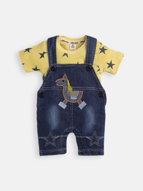 

Little Folks Infant Boys Yellow & Blue Printed Cotton Dungrees Set