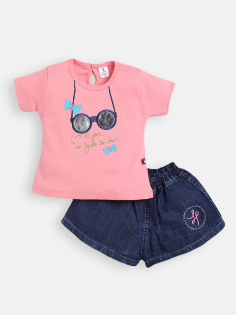 

Little Folks Girls Pink & Navy Blue Printed Pure Cotton T-shirt with Shorts