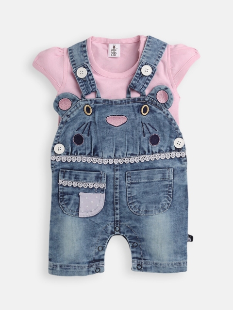 

Little Folks Infant Girls Pink & Blue Cotton Denim Dungarees With T-Shirt