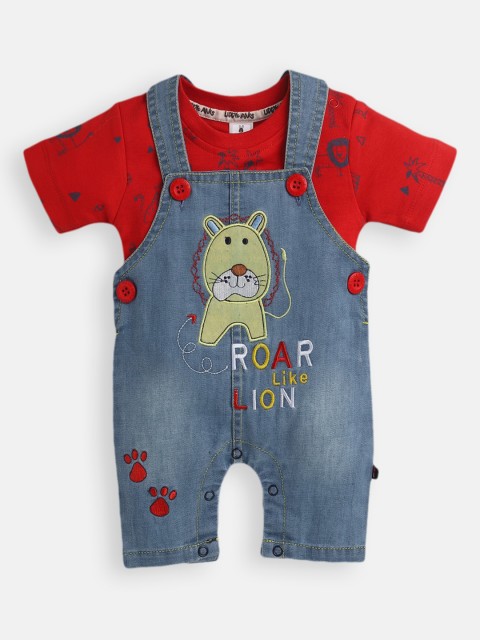 

Little Folks Infant Boys Red & Blue Graphic Printed Denim Dungarees
