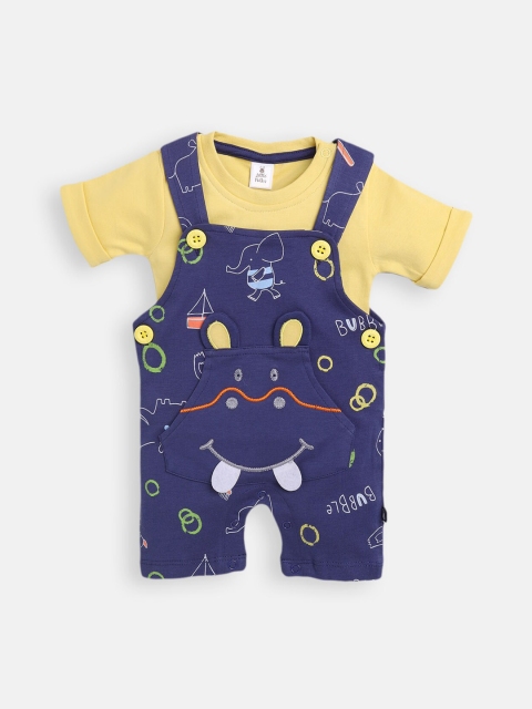 

Little Folks Infant Boys Navy Blue & Yellow Printed Cotton Dungaree