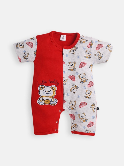 

Little Folks Boys Red & Off-White Colourblocked Cotton Rompers With Applique Detail