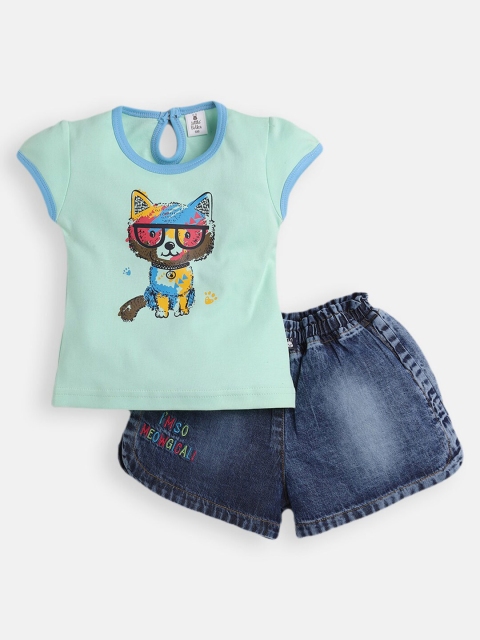 

Little Folks Girls Green T-shirt & Blue Printed Cotton Shorts Set