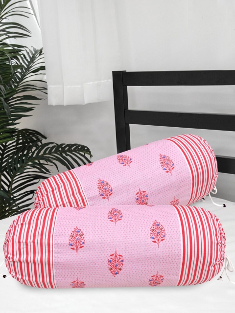 

Clasiko Set Of 2 Red & Pink Floral Printed 300 TC Cotton Bolster Covers