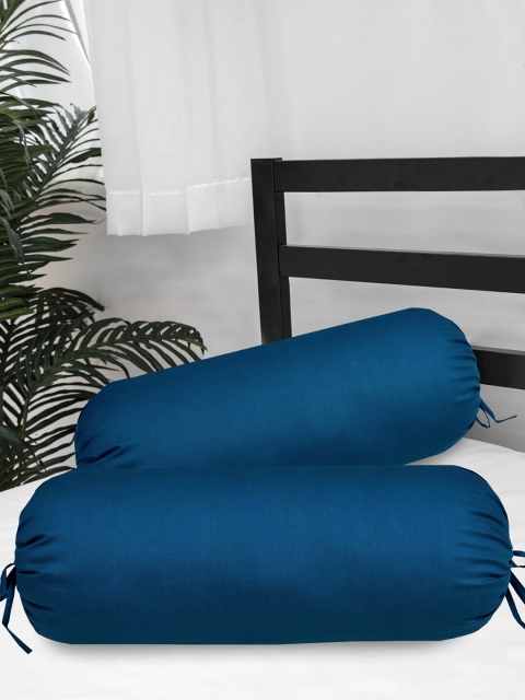 

Clasiko Set Of 2 Blue Solid Cotton Bolster Covers
