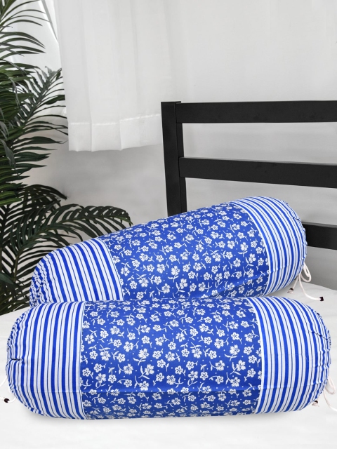 

Clasiko Set Of 2 Blue & White Floral Printed Cotton Bolster Cover