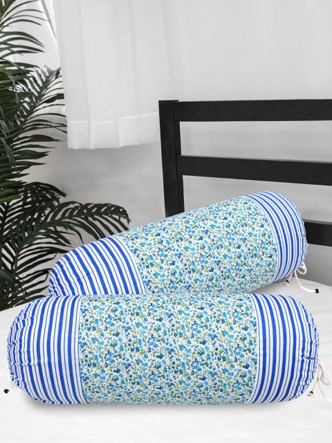 

Clasiko Set Of 2 Blue & White Floral Printed 300 TC Cotton Bolster Covers